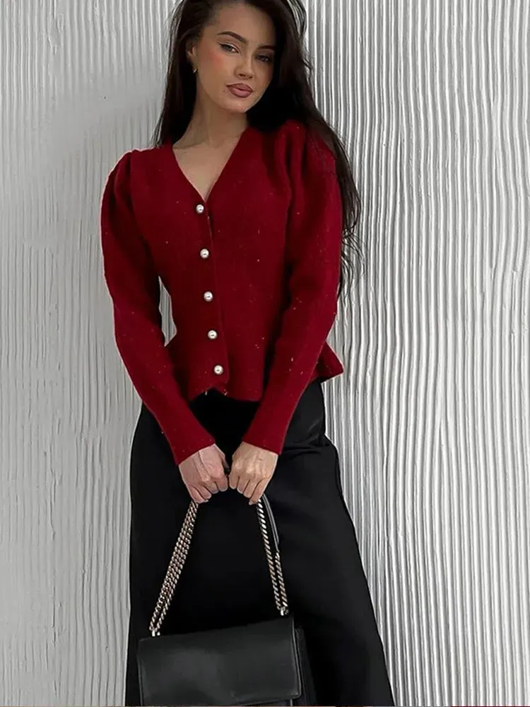 Wenkouban-Christmas Thanksgiving outfits_Vintage Pearl Button Slim Fit V-Neck Long Sleeve Christmas Sweater