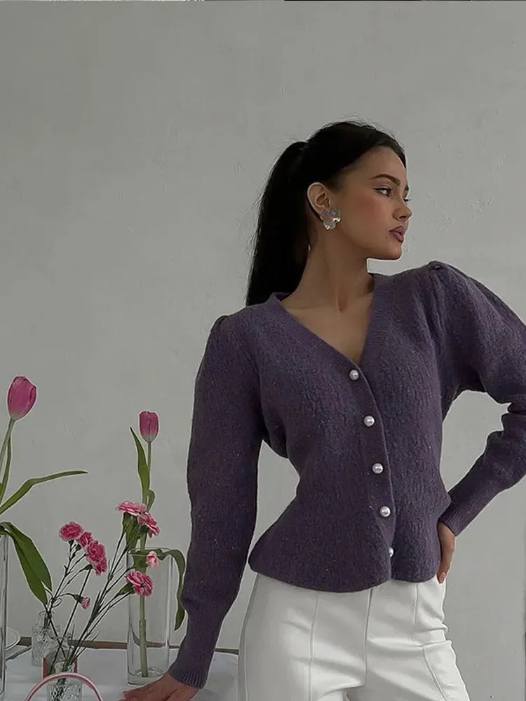 Wenkouban-Christmas Thanksgiving outfits_Vintage Pearl Button Slim Fit V-Neck Long Sleeve Christmas Sweater