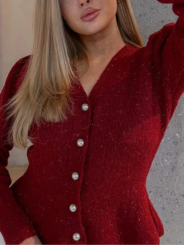 Wenkouban-Christmas Thanksgiving outfits_Vintage Pearl Button Slim Fit V-Neck Long Sleeve Christmas Sweater