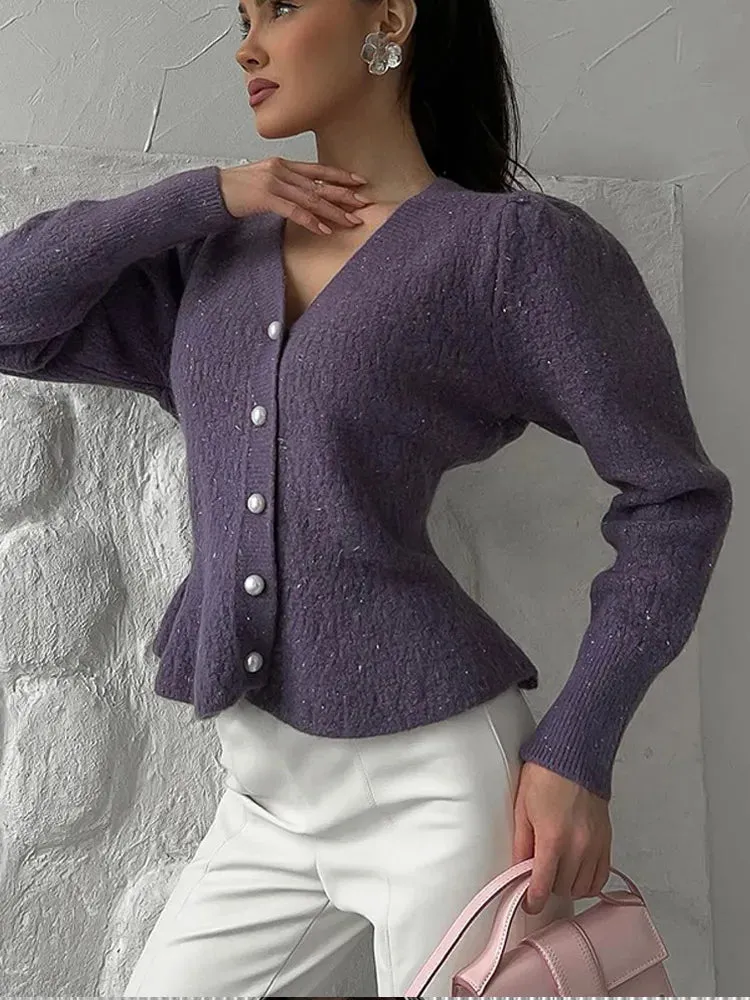 Wenkouban-Christmas Thanksgiving outfits_Vintage Pearl Button Slim Fit V-Neck Long Sleeve Christmas Sweater
