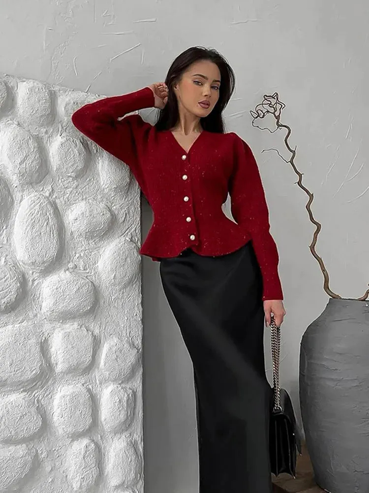 Wenkouban-Christmas Thanksgiving outfits_Vintage Pearl Button Slim Fit V-Neck Long Sleeve Christmas Sweater