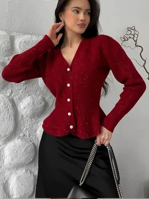 Wenkouban-Christmas Thanksgiving outfits_Vintage Pearl Button Slim Fit V-Neck Long Sleeve Christmas Sweater