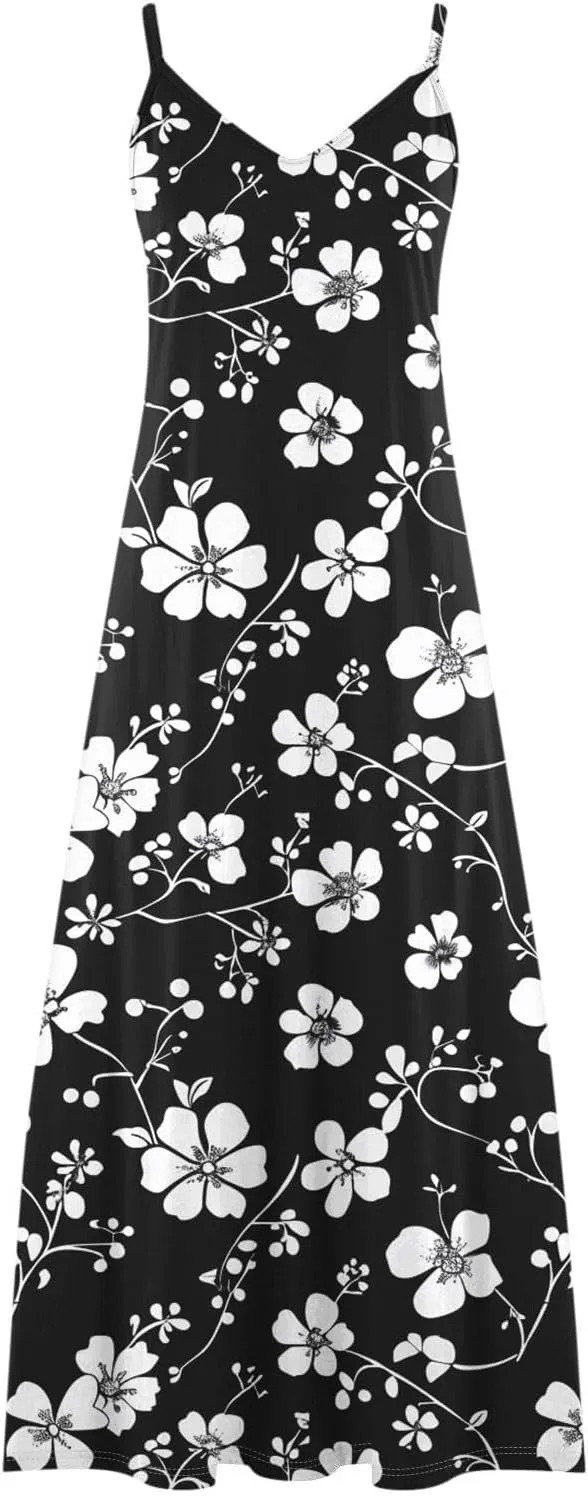 Women Floral Spaghetti Strap Sundress 2025 Spring Summer Spaghetti Straps V-Neck Plus Size Loose Casual Maxi Dress