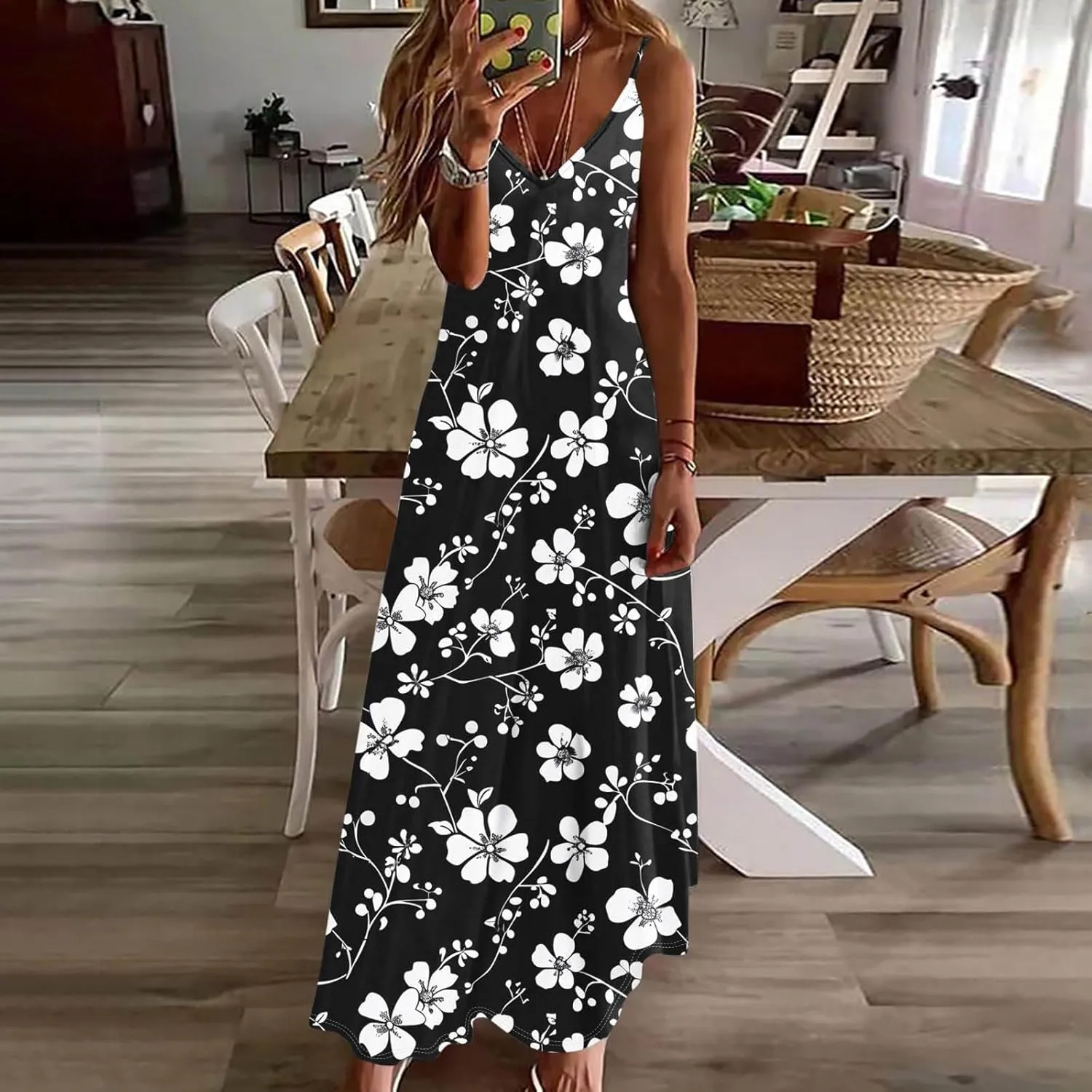 Women Floral Spaghetti Strap Sundress 2025 Spring Summer Spaghetti Straps V-Neck Plus Size Loose Casual Maxi Dress