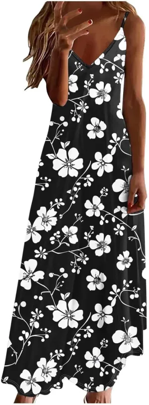Women Floral Spaghetti Strap Sundress 2025 Spring Summer Spaghetti Straps V-Neck Plus Size Loose Casual Maxi Dress