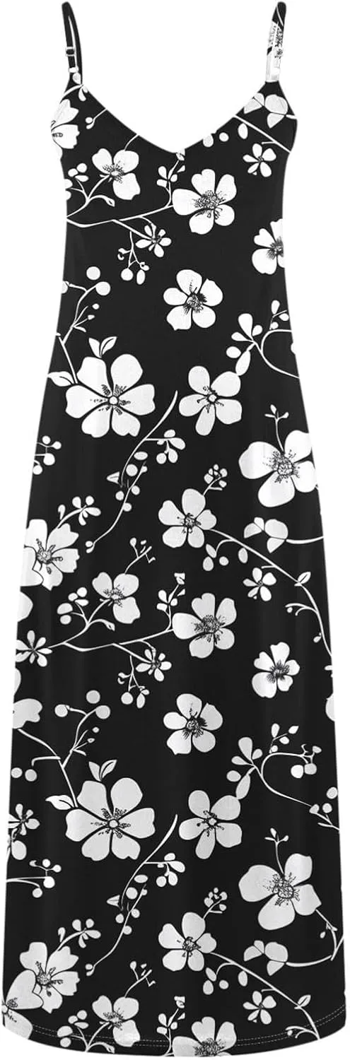 Women Floral Spaghetti Strap Sundress 2025 Spring Summer Spaghetti Straps V-Neck Plus Size Loose Casual Maxi Dress