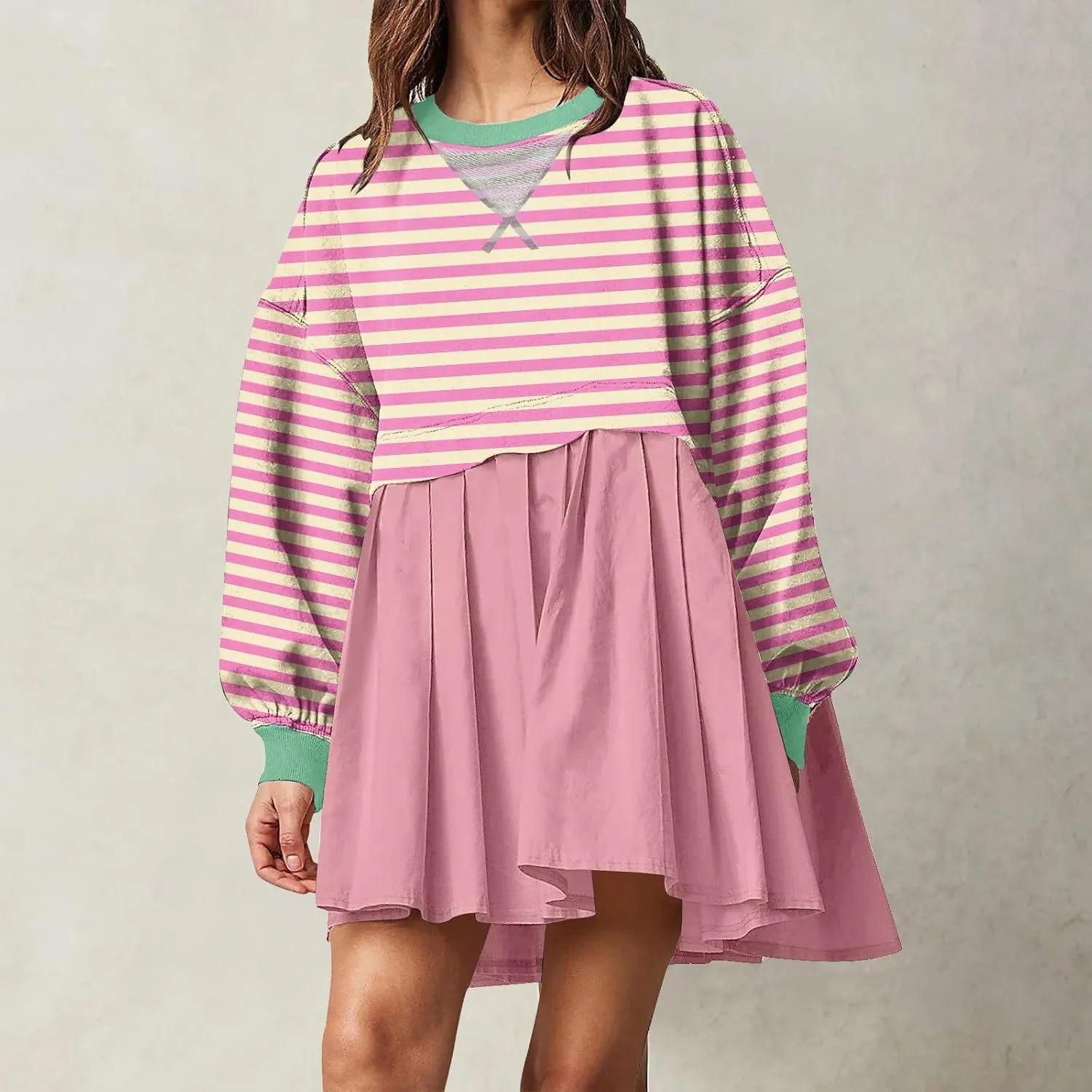 Women's Dresses Casual Oversized Sweatshirts Long Sleeve Crewneck Patchwork Pleated Pullover Mini Dress Fall Dress