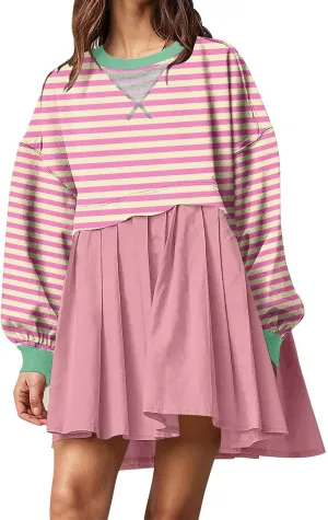 Women's Dresses Casual Oversized Sweatshirts Long Sleeve Crewneck Patchwork Pleated Pullover Mini Dress Fall Dress