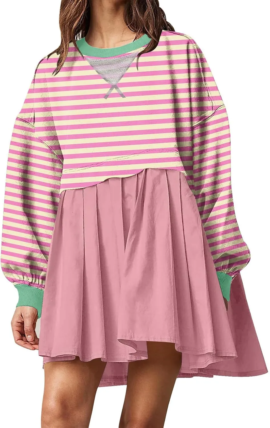 Women's Dresses Casual Oversized Sweatshirts Long Sleeve Crewneck Patchwork Pleated Pullover Mini Dress Fall Dress
