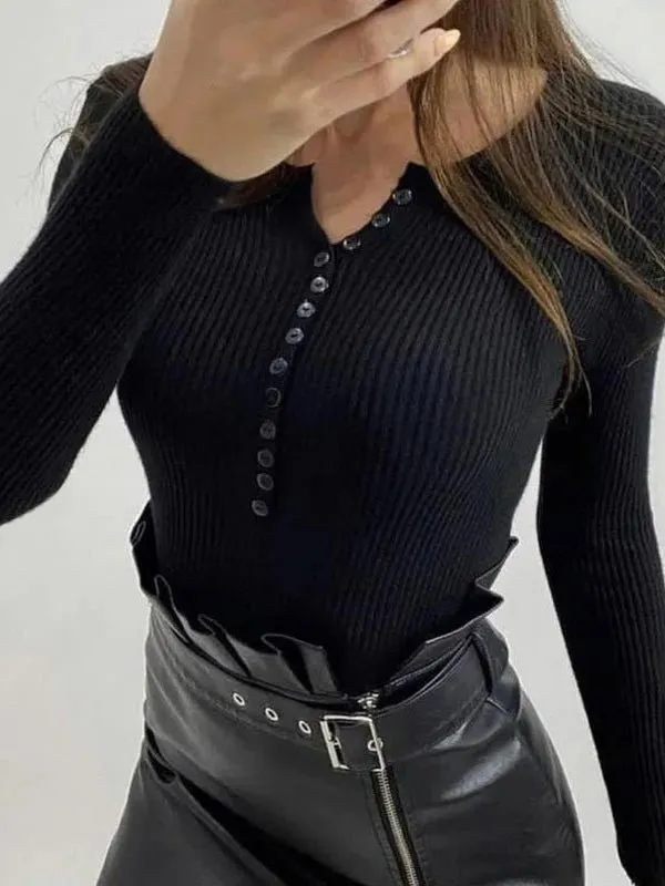 Women's Sweaters V-Neck Button Long Sleeve Knit Sweater