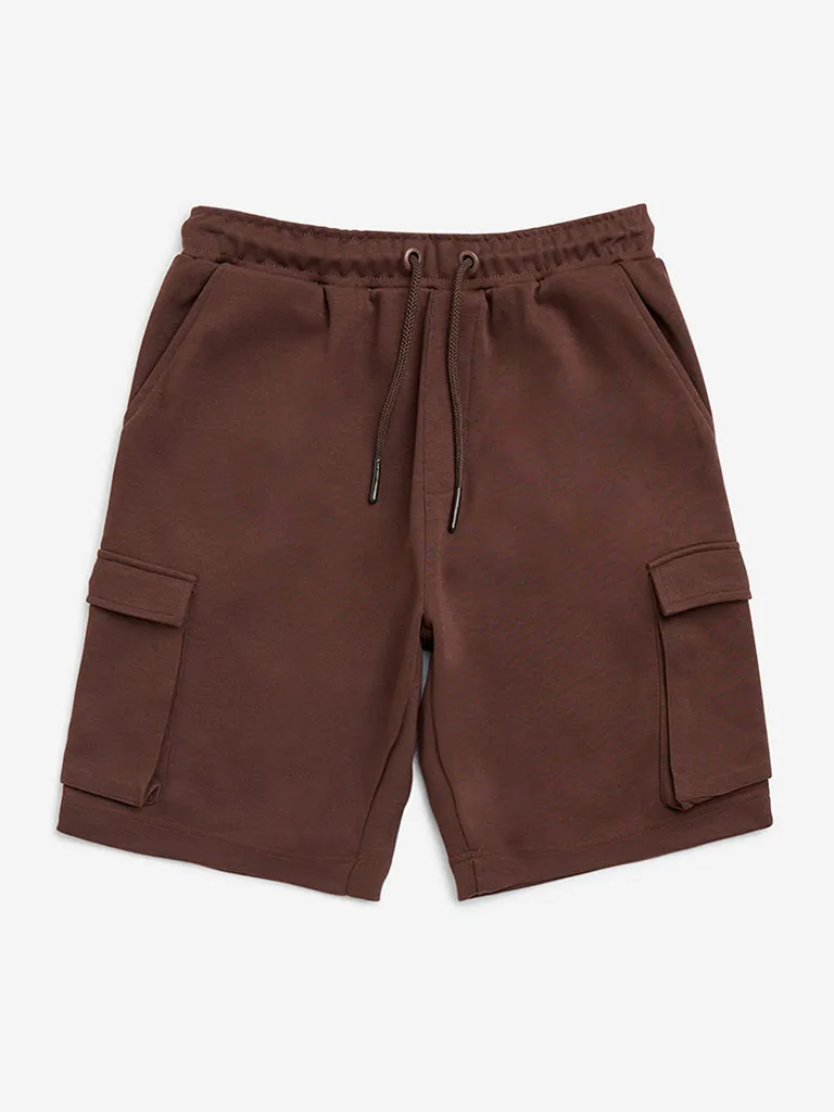 Y&F Kids Dark Brown Cotton-Blend Mid-Rise Shorts